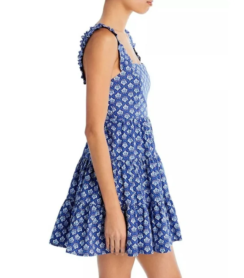 AQUA Floral Tile Print Poplin Tiered Mini Dress