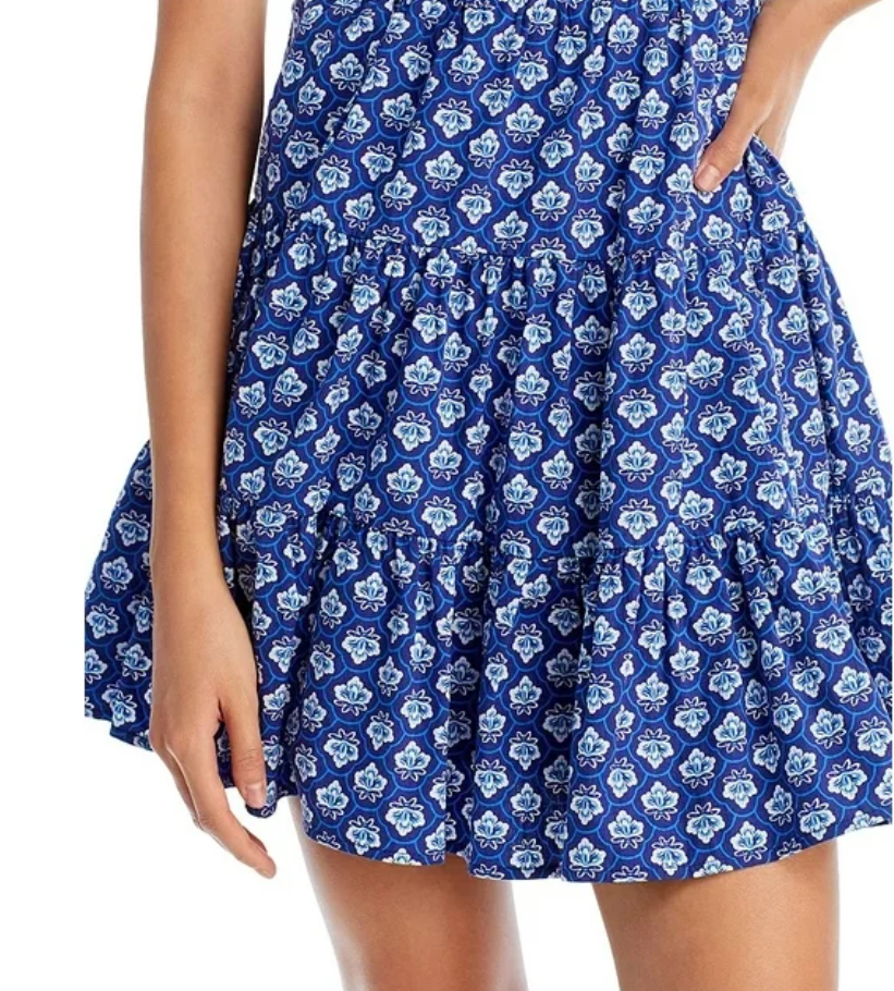 AQUA Floral Tile Print Poplin Tiered Mini Dress