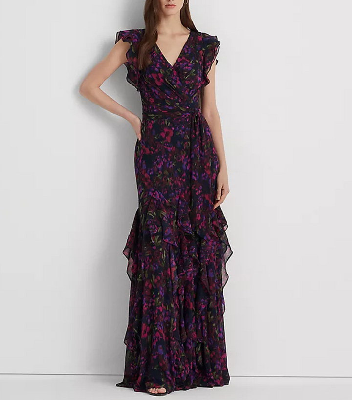 LAUREN RALPH LAUREN Floral Ruffle-Trim Georgette Gown