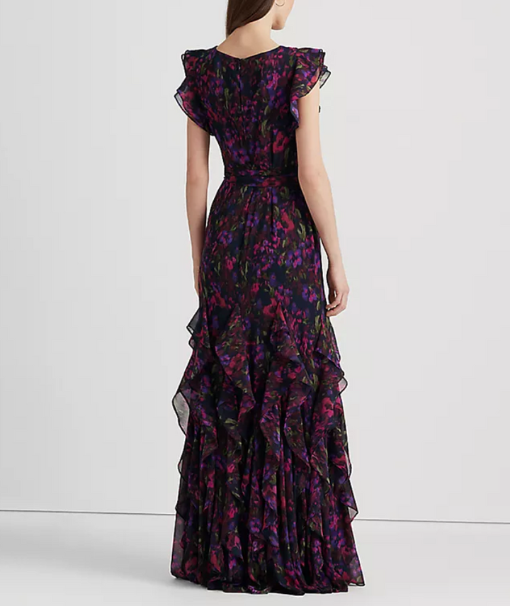 LAUREN RALPH LAUREN Floral Ruffle-Trim Georgette Gown