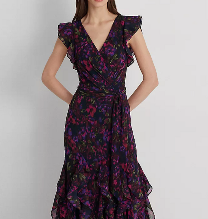 LAUREN RALPH LAUREN Floral Ruffle-Trim Georgette Gown