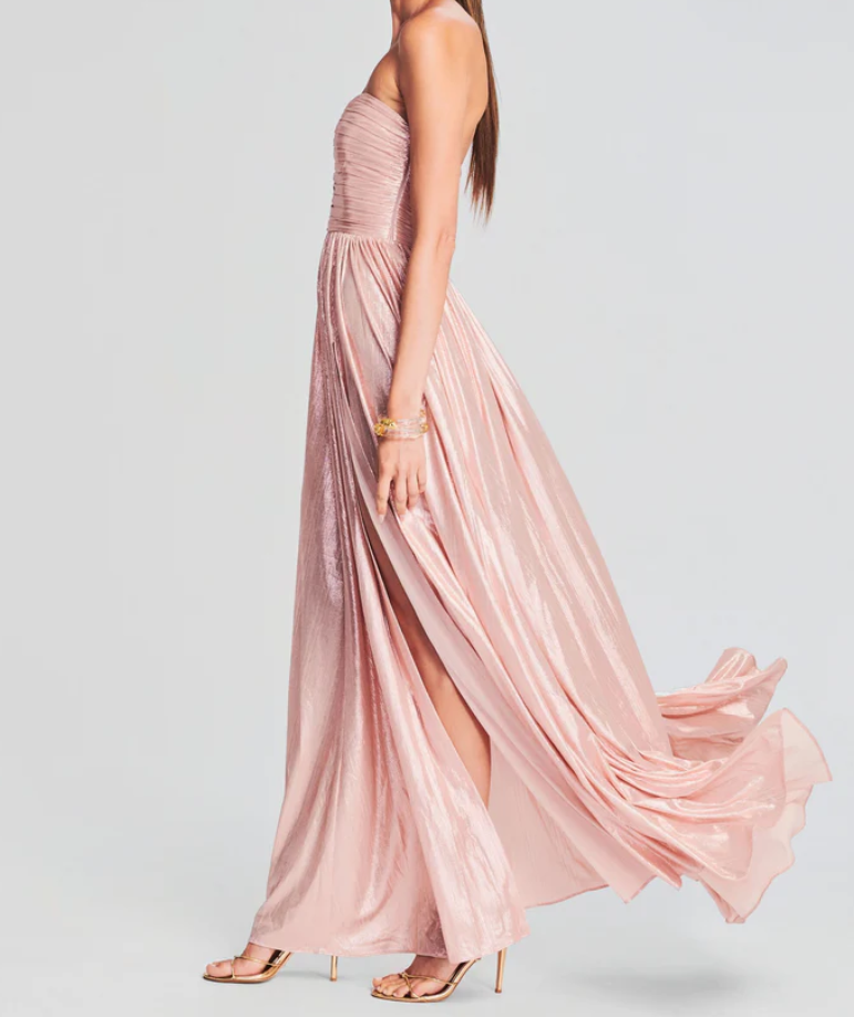 Retrofete Madeleine Strapless Ruched Lamé Gown