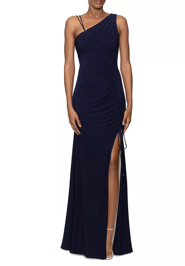 AQUA One Shoulder Slit Front Ruched Dress