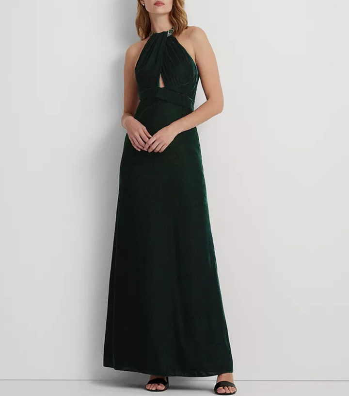 LAUREN RALPH LAUREN Velvet Beaded Halter Gown