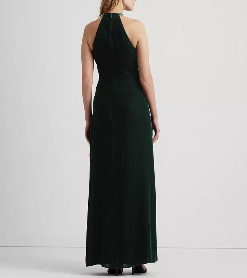 LAUREN RALPH LAUREN Velvet Beaded Halter Gown
