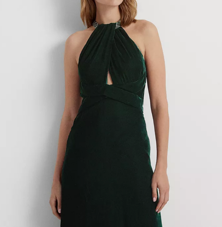 LAUREN RALPH LAUREN Velvet Beaded Halter Gown