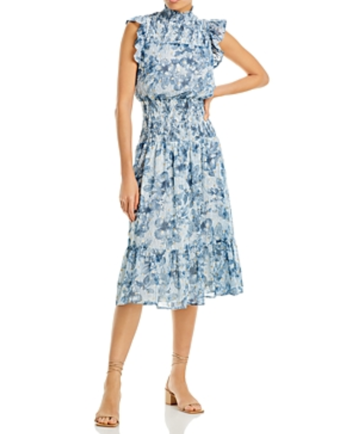 AQUA Floral Print Smocked Midi Dress