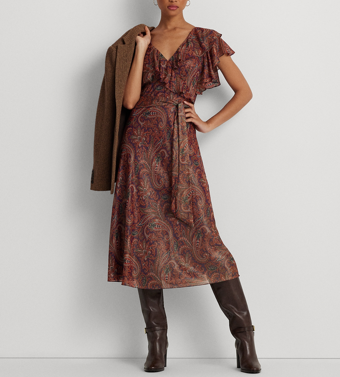 Lauren Ralph Lauren Printed Ruffle-Trim Metallic Chiffon Dress