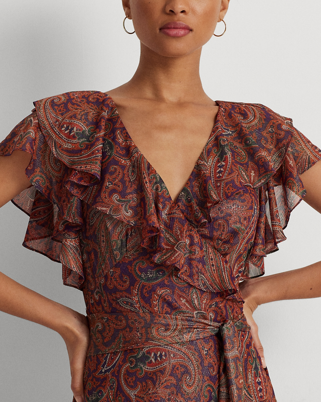 Lauren Ralph Lauren Printed Ruffle-Trim Metallic Chiffon Dress