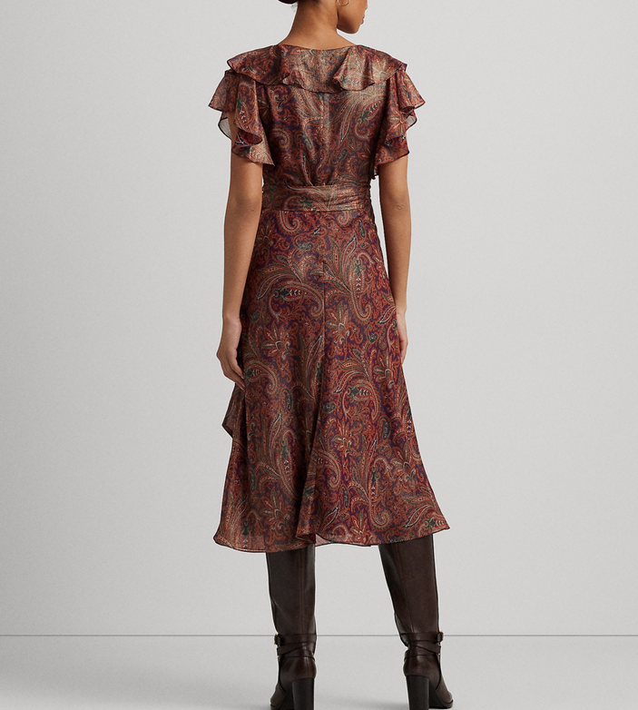 Lauren Ralph Lauren Printed Ruffle-Trim Metallic Chiffon Dress