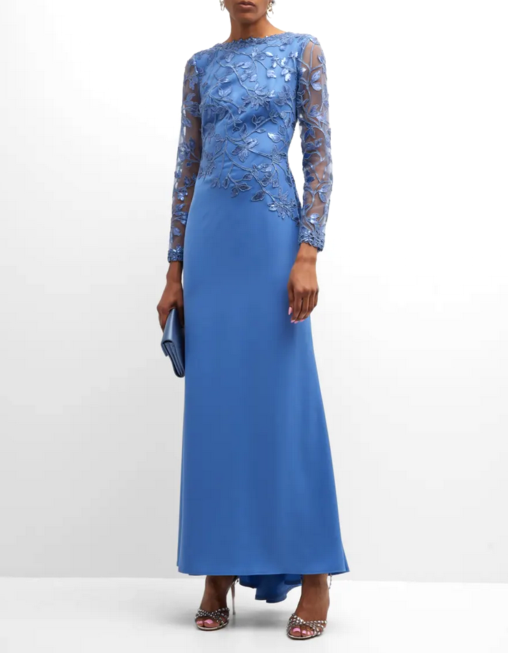 TADASHI SHOJI Long Sleeve Sequined Lace Crepe Gown