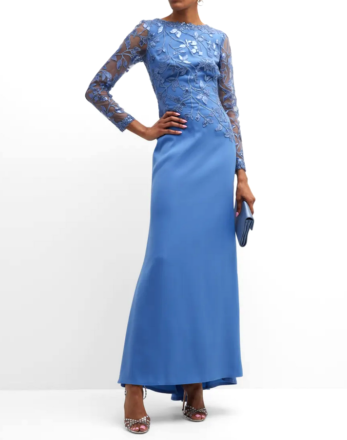 TADASHI SHOJI Long Sleeve Sequined Lace Crepe Gown