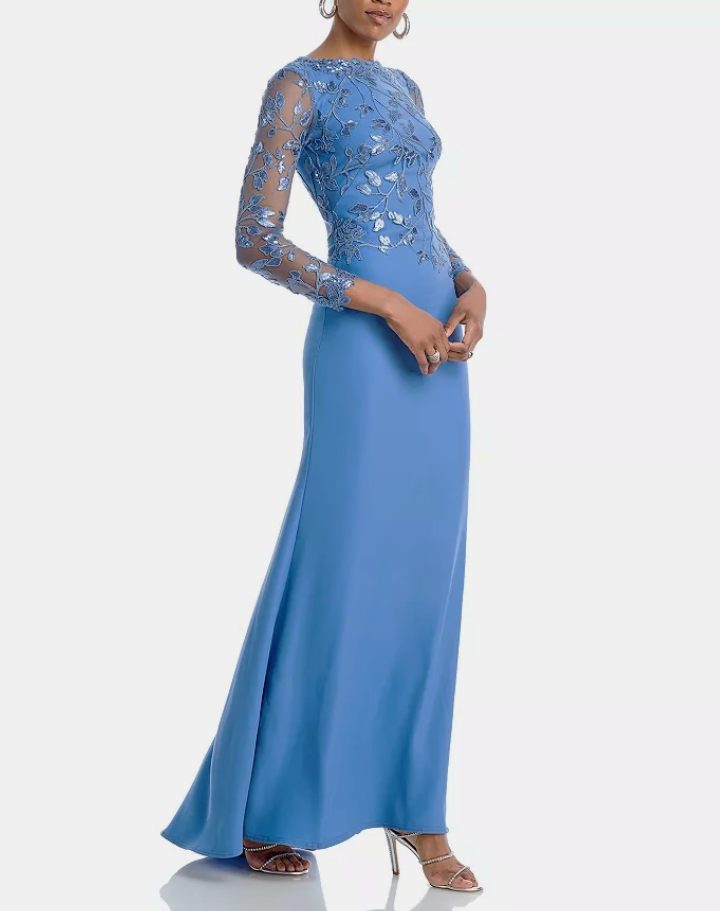 TADASHI SHOJI Long Sleeve Sequined Lace Crepe Gown