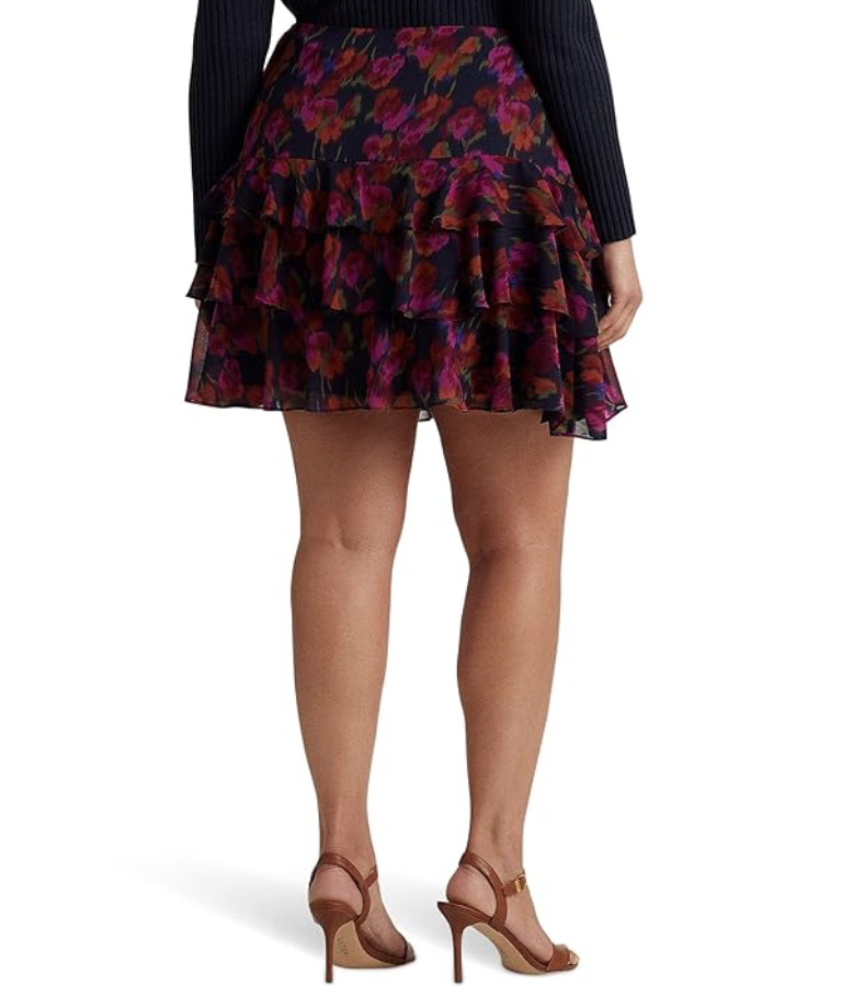 LAUREN RALPH LAUREN Plus SIze Floral Crinkle Georgette Tiered Skirt