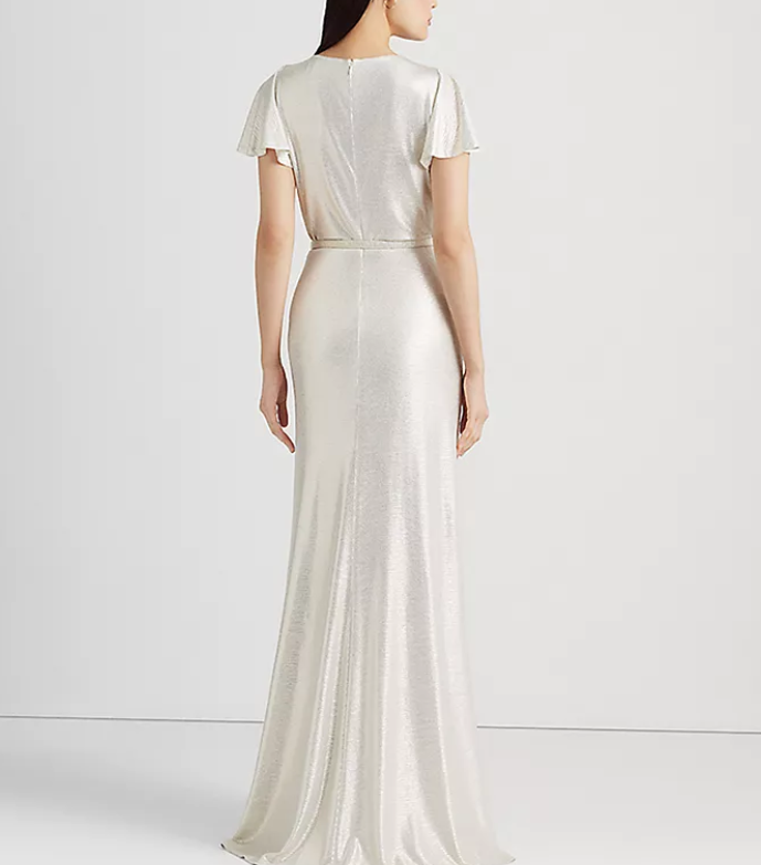 Ralph Lauren Belted Metallic Knit Flutter-Sleeve Gown