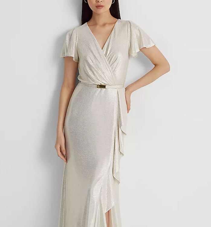 Ralph Lauren Belted Metallic Knit Flutter-Sleeve Gown