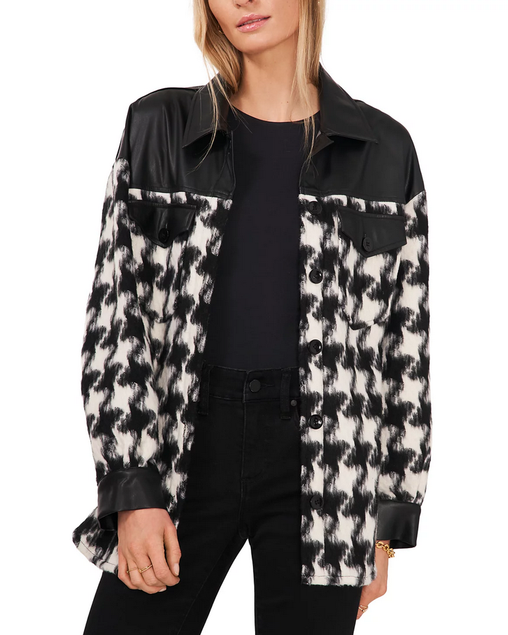 VINCE CAMUTO Houndstooth & Faux Leather Shirt Jacket