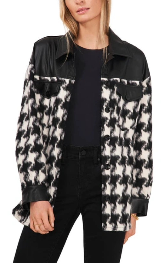 VINCE CAMUTO Houndstooth & Faux Leather Shirt Jacket