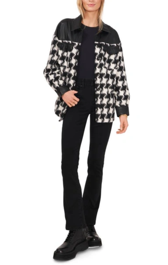 VINCE CAMUTO Houndstooth & Faux Leather Shirt Jacket