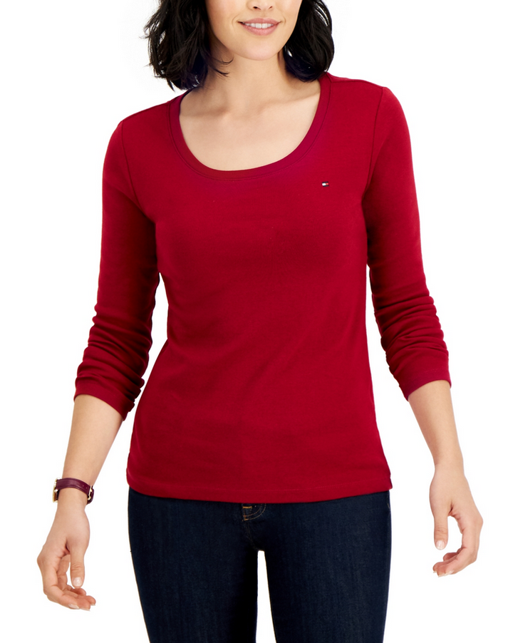TOMMY HILFIGER Solid Scoop-Neck Long-Sleeve Top