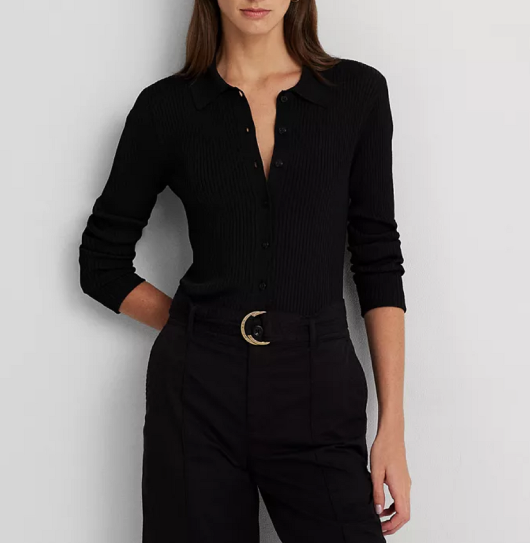 LAUREN RALPH LAUREN Rib-Knit Long-Sleeve Polo Cardigan