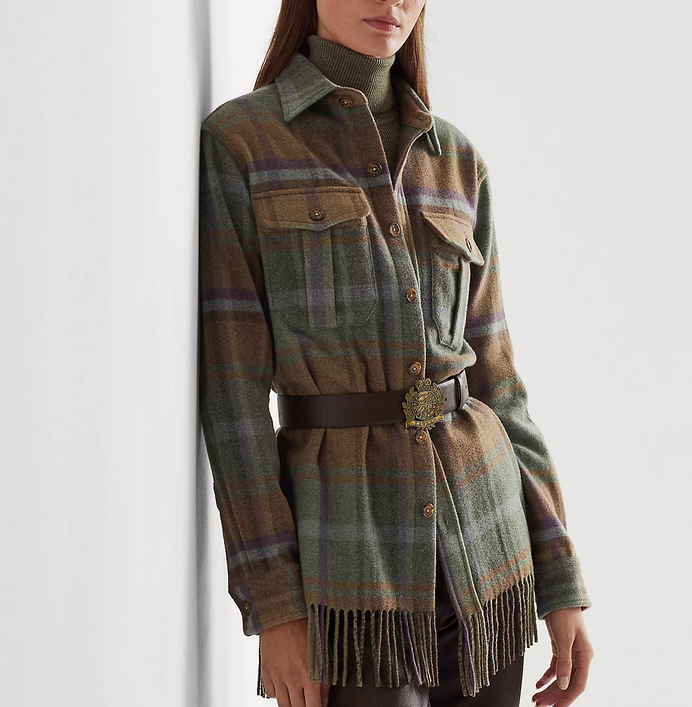 Lauren Ralph Lauren Plaid Fringe-Trim Twill Shirt Jacket