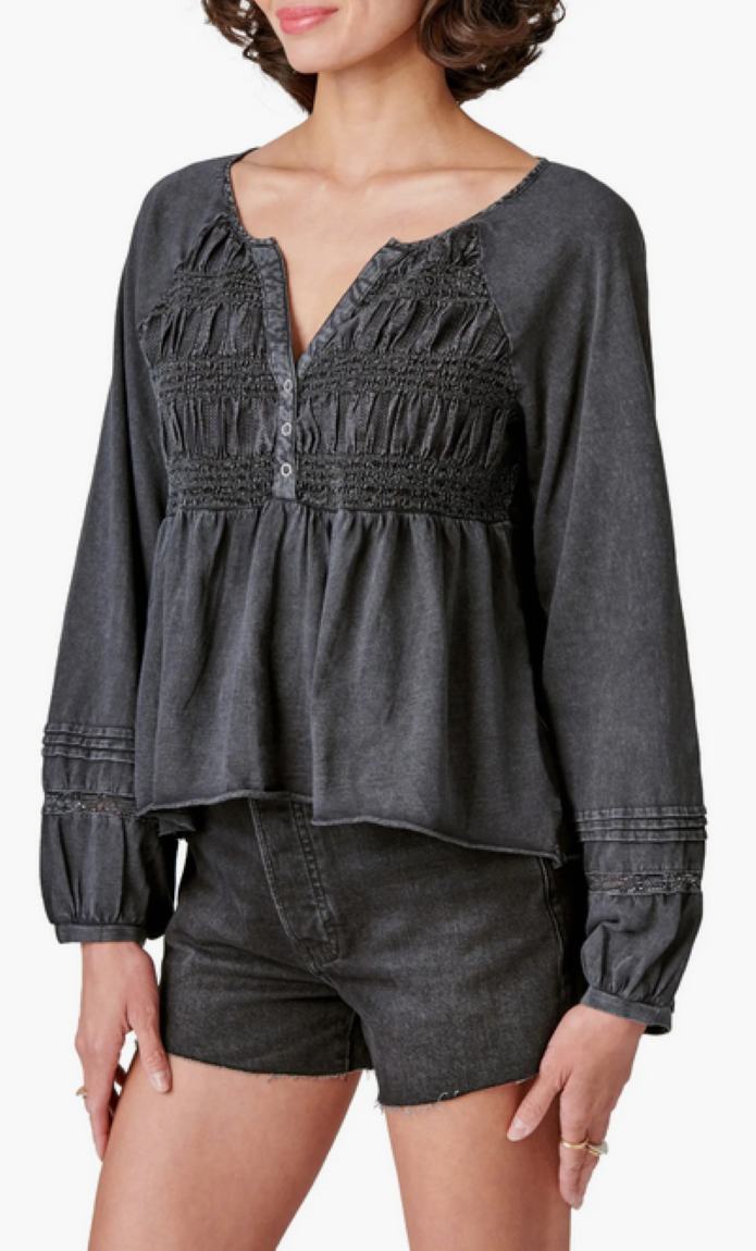 Lucky Brand Textured Smocked Long-Sleeve Babydoll Top