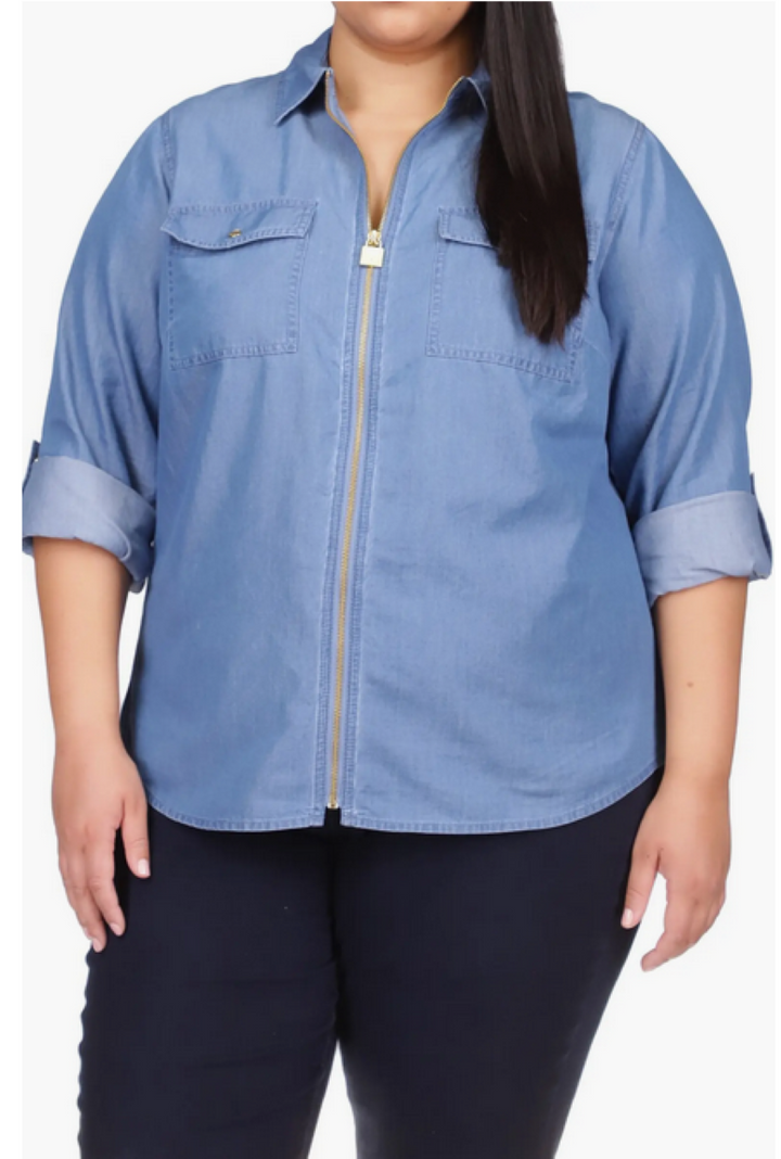 MICHAEL MICHAEL KORS Plus Size Chambray Zip-Front Collared Shirt