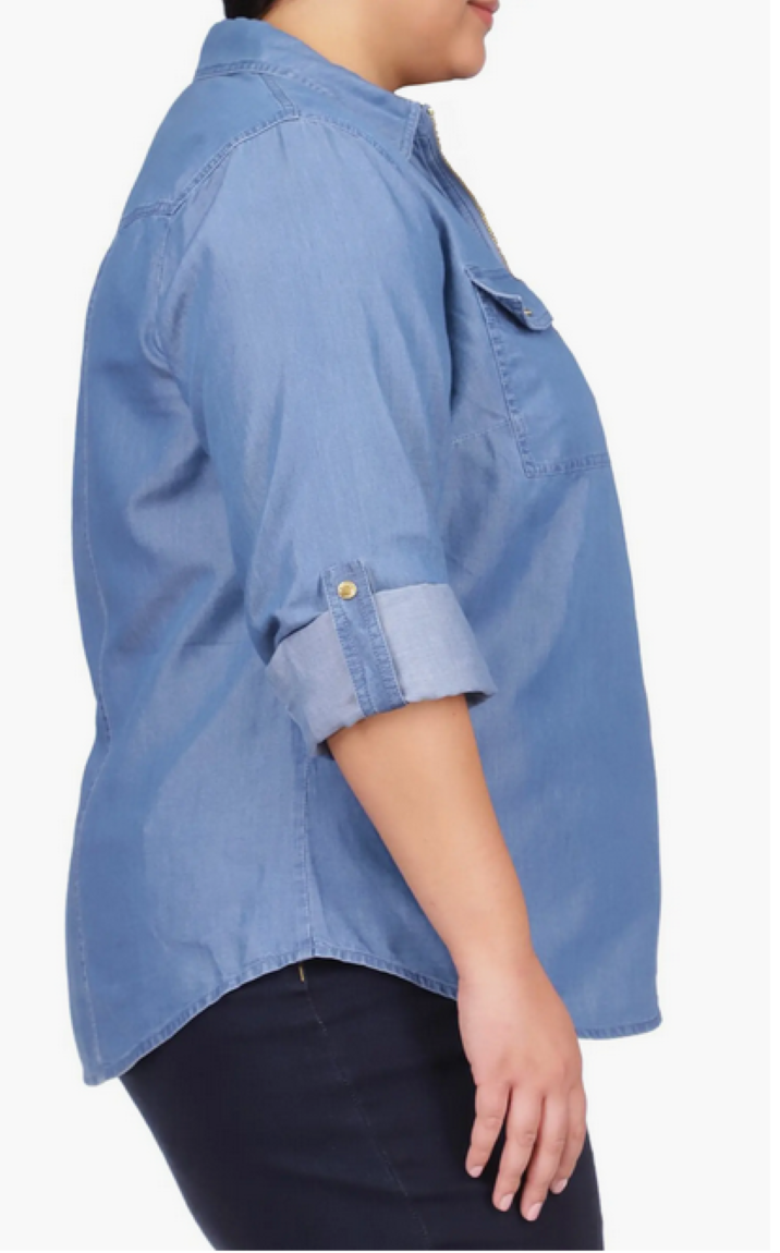 MICHAEL MICHAEL KORS Plus Size Chambray Zip-Front Collared Shirt