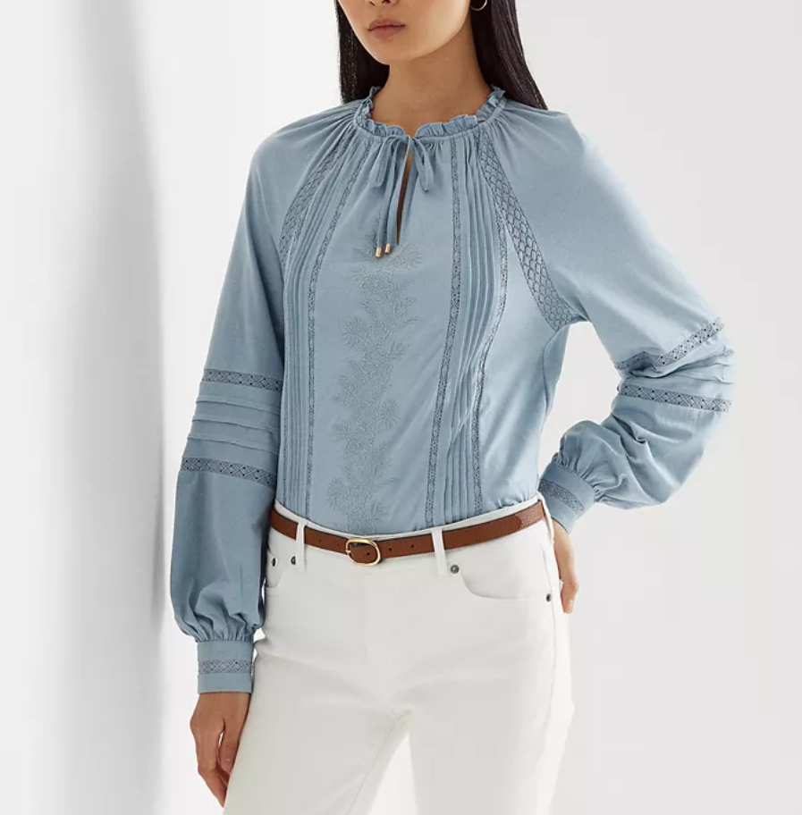 LAUREN RALPH LAUREN Embroidered Jersey Tie-Neck Top