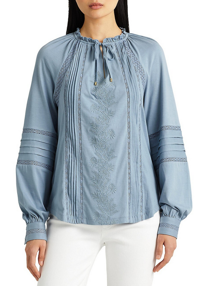 LAUREN RALPH LAUREN Embroidered Jersey Tie-Neck Top