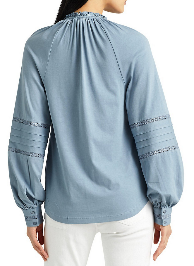 LAUREN RALPH LAUREN Embroidered Jersey Tie-Neck Top