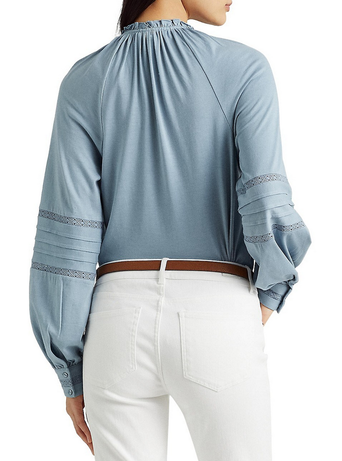 LAUREN RALPH LAUREN Embroidered Jersey Tie-Neck Top