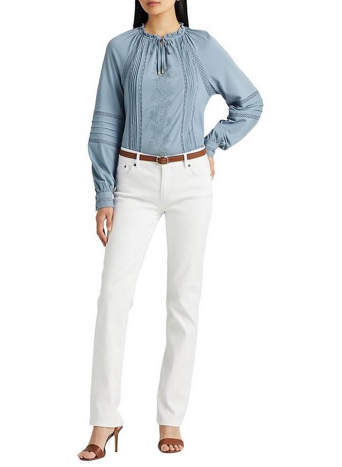 LAUREN RALPH LAUREN Embroidered Jersey Tie-Neck Top