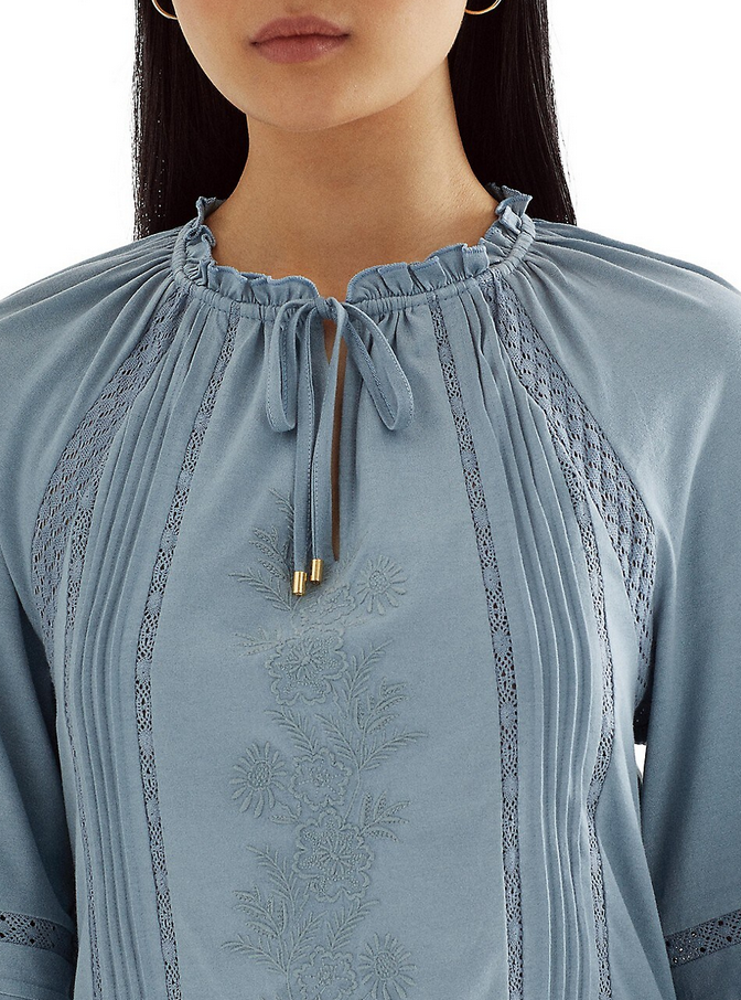 LAUREN RALPH LAUREN Embroidered Jersey Tie-Neck Top