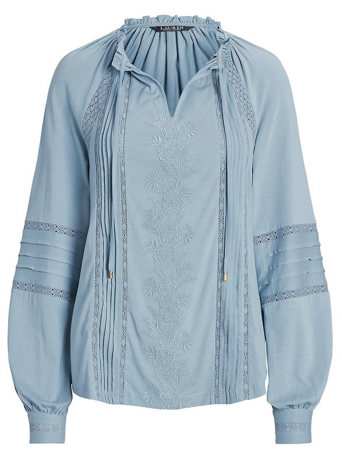 LAUREN RALPH LAUREN Embroidered Jersey Tie-Neck Top