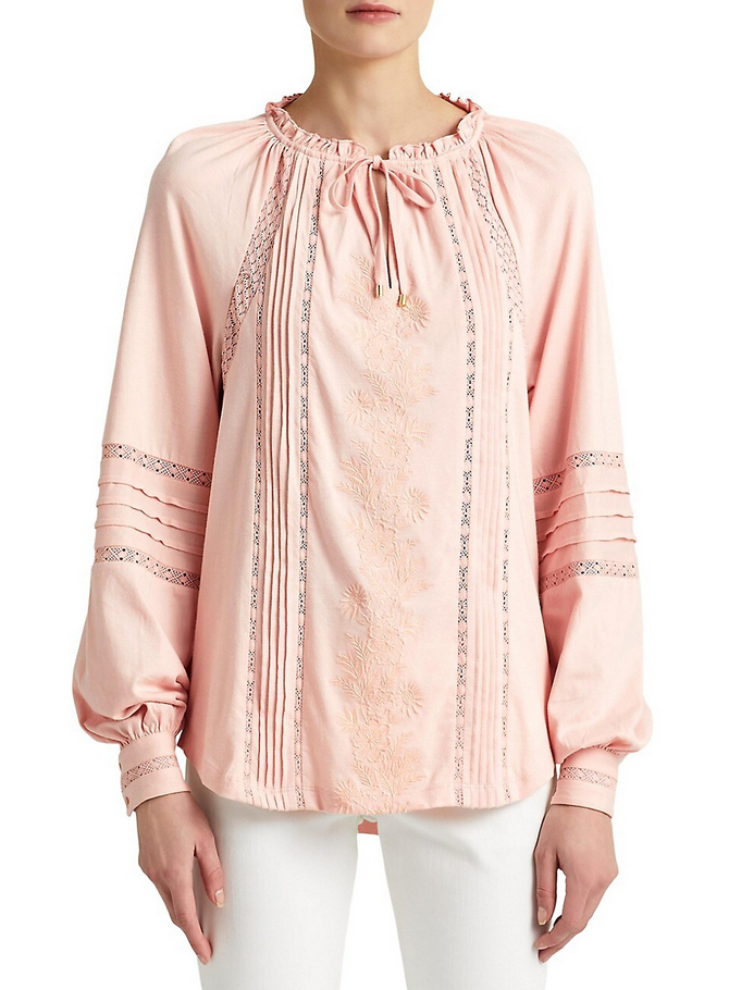 LAUREN RALPH LAUREN Embroidered Jersey Tie-Neck Top
