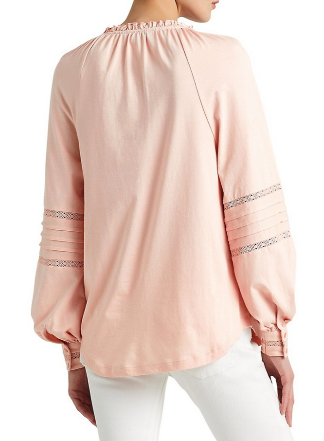 LAUREN RALPH LAUREN Embroidered Jersey Tie-Neck Top