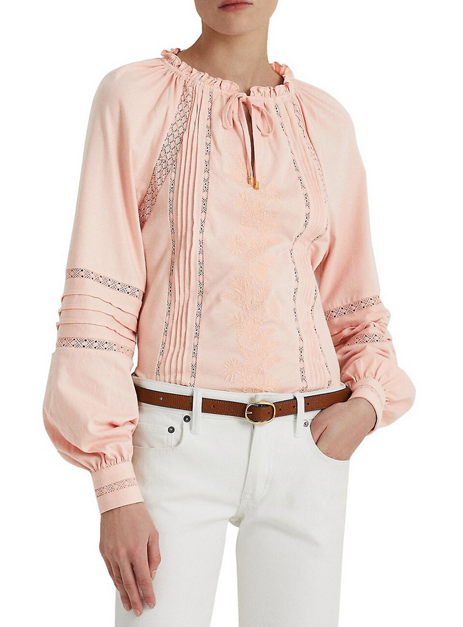 LAUREN RALPH LAUREN Embroidered Jersey Tie-Neck Top