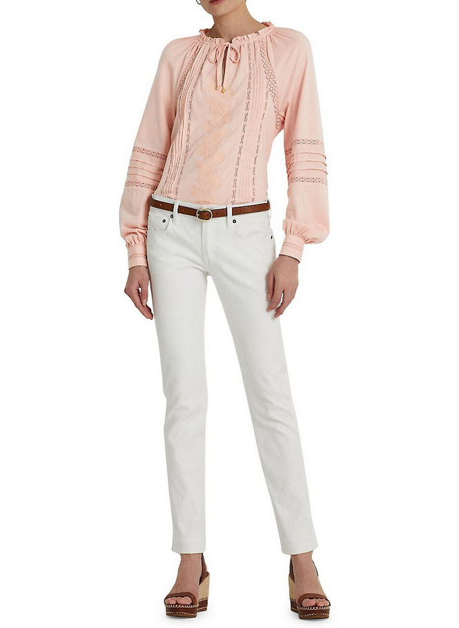 LAUREN RALPH LAUREN Embroidered Jersey Tie-Neck Top