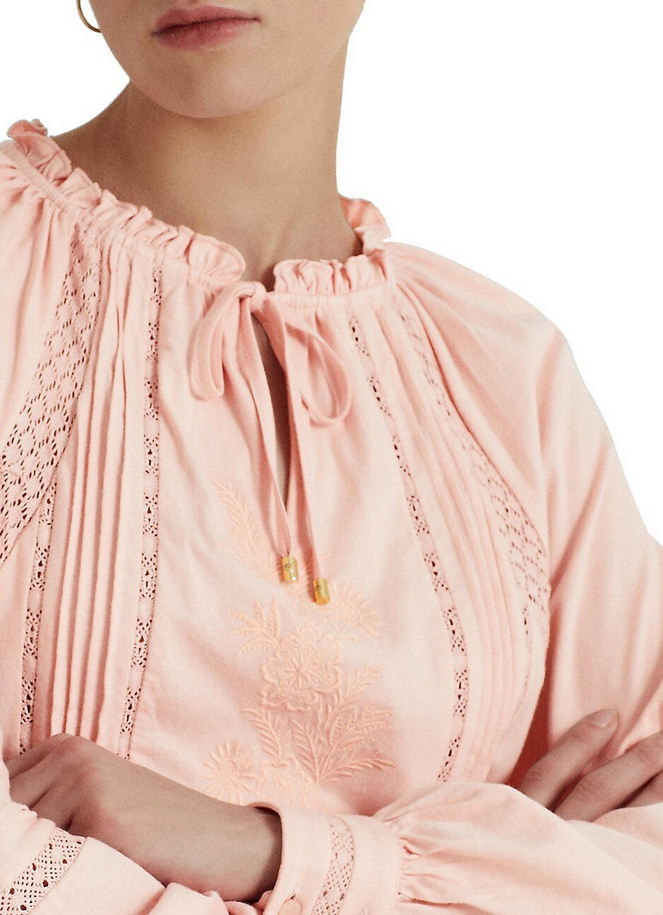 LAUREN RALPH LAUREN Embroidered Jersey Tie-Neck Top
