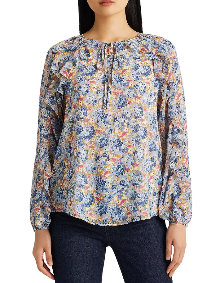 LAUREN RALPH LAUREN Printed Tie Neck Ruffled Top