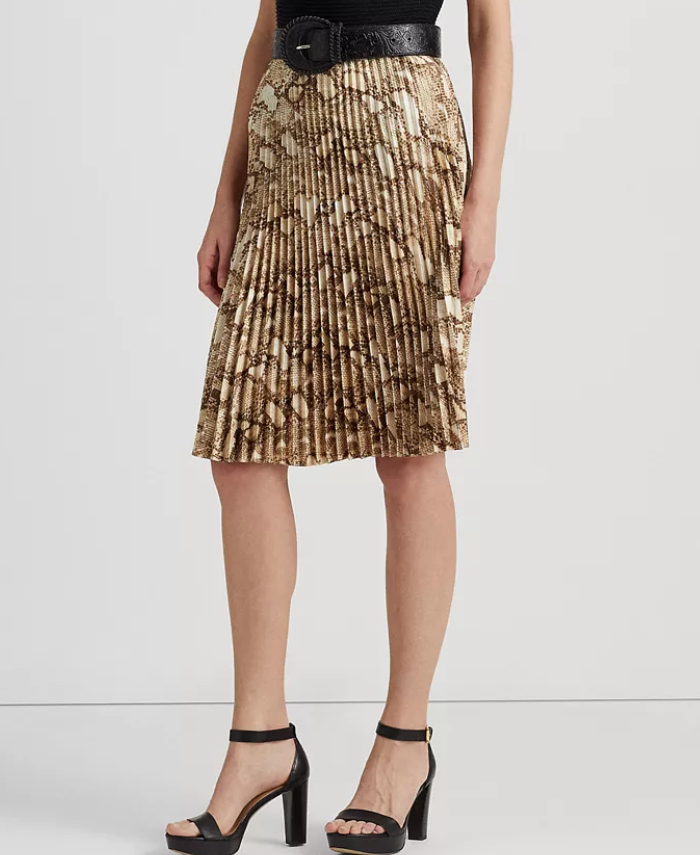 Ralph Lauren Snakeskin-Print Pleated Charmeuse Skirt