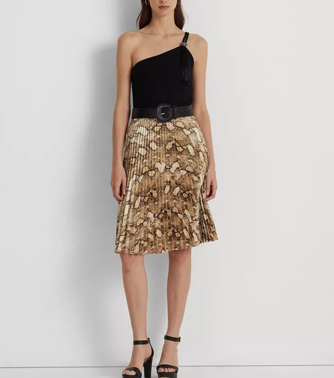 Ralph Lauren Snakeskin-Print Pleated Charmeuse Skirt