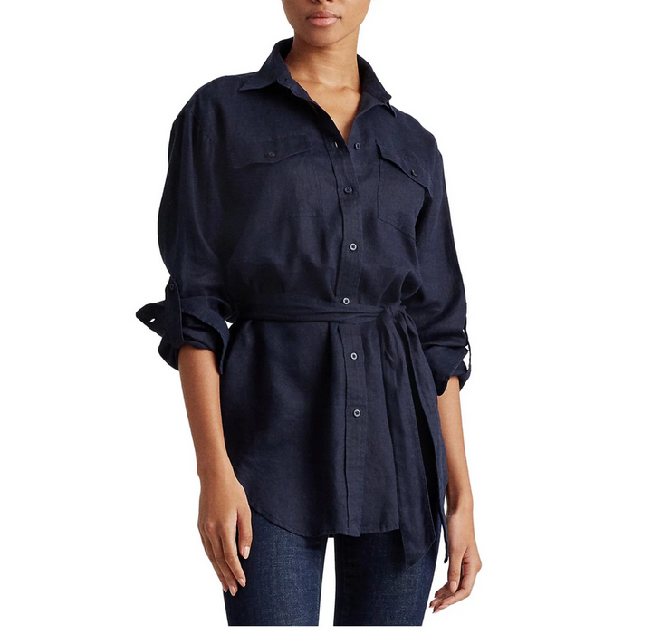 RALPH LAUREN Pocketed Tie Belt Rounded Hem Roll-tab Sleeve Shirt