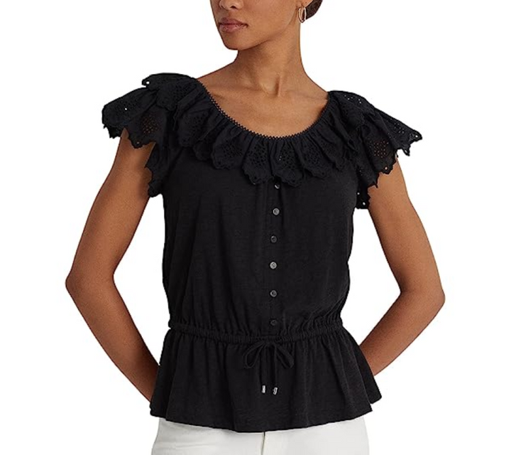 LAUREN RALPH LAUREN Eyelet Jersey Peplum Top