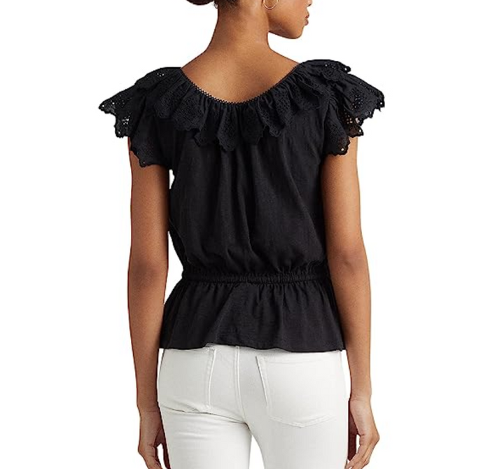 LAUREN RALPH LAUREN Eyelet Jersey Peplum Top