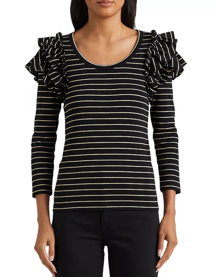 LAUREN RALPH LAUREN Ruffle Metallic Stripe Top