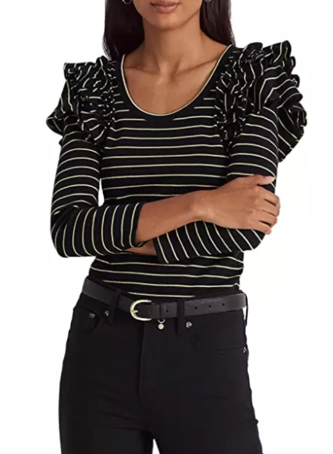 LAUREN RALPH LAUREN Ruffle Metallic Stripe Top