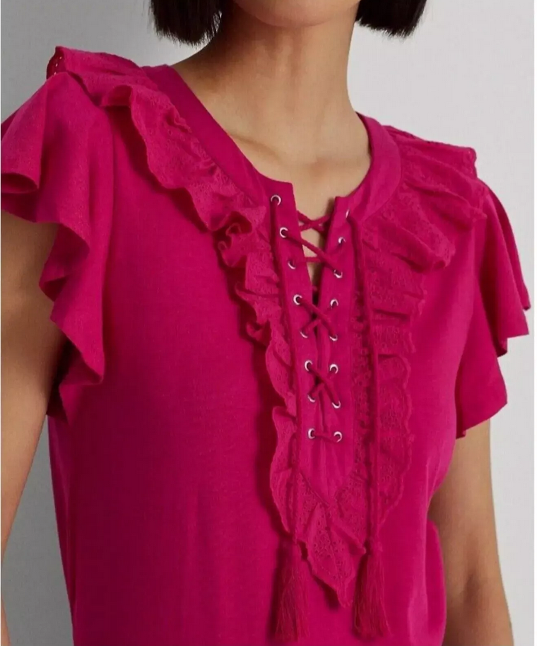 LAUREN RALPH LAUREN Ruffle-Trim Lace-Up Jersey T-Shirt